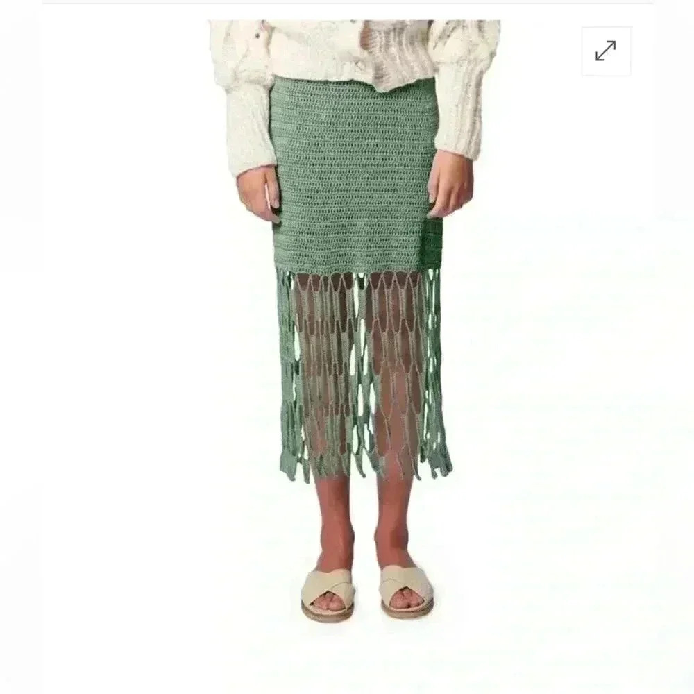 NEW AYNI Tarania Crochet Lined Open Stitch Fringe Skirt Mint Green Size Medium